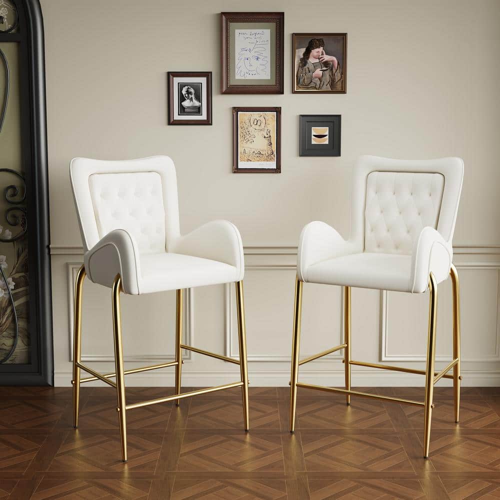 CHRISTOPHER KNIGHT HOME Jasars 28.75 in. Modern Upholstered Cushioned Velvet Counter Stool with Footrest & Tufted Back, White + Gold