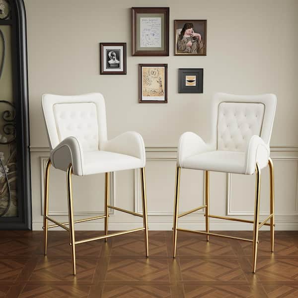 CHRISTOPHER KNIGHT HOME Jasars 28.75 in. Modern Upholstered Cushioned Velvet Counter Stool with Footrest & Tufted Back, White + Gold