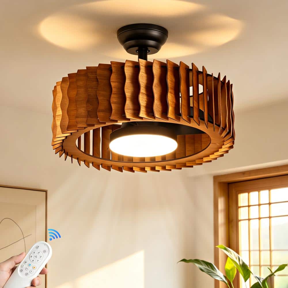 "19.68"" Wavy Hollow Wood Caged Ceiling Fan with Light, Farmhouse Fandelier with Reversible Motor & Remote" price history on PriceWatchPro