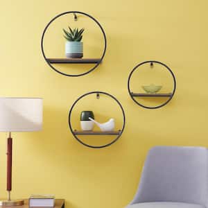 Wood and Black Metal Wall-Mount Round Floating Shelf (Set of 3)