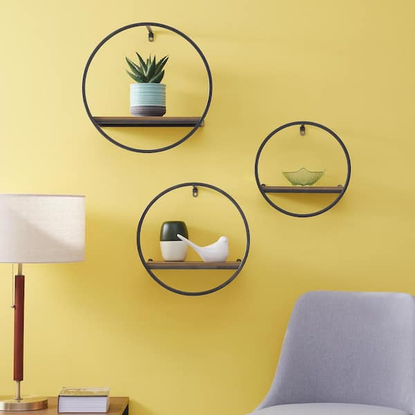 StyleWell Wood and Black Metal Wall-Mount Round Floating Shelf (Set of 3)