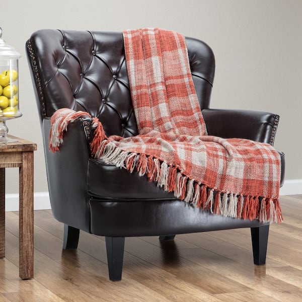 Farmhouse Rust Acrylic Knit Throw Blanket with Tassels, 50 x 65 in.