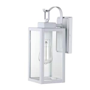 14 in. 1-Light Modern Matte White Outdoor Wall Lantern Sconce with Clear Glass