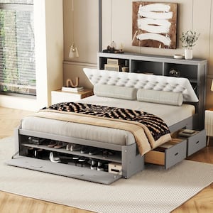 Gray Wood Frame Queen Platform Bed with Storage Headboard, Shoe Rack and Drawers