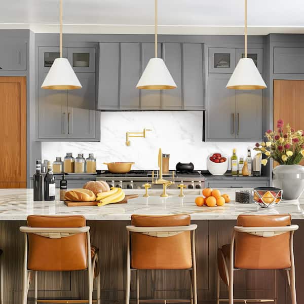 Mid-century Modern 1-Light Gold Pendant Lamp with White Cone Shade, Hanging Ceiling Light, Kitchen Island Pendant Light
