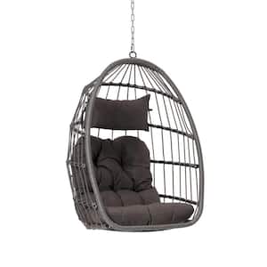 Modern Outdoor Garden Wood Rattan Egg Swing Chair Hanging Chair Porch Swing with Dark Gray Cushion