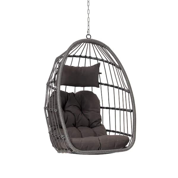 Sudzendf Modern Outdoor Garden Wood Rattan Egg Swing Chair Hanging Chair Porch Swing with Dark Gray Cushion