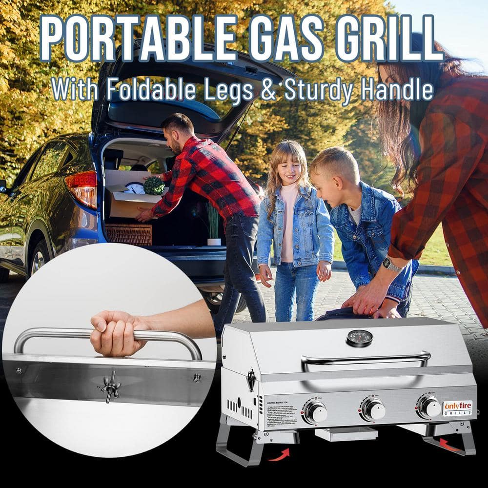 Onlyfire 24" Stainless Steel 3-Burner Portable Propane Grill with Foldable Legs