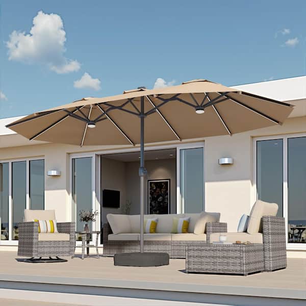 Alpine A 15 ft. Solar LED Outdoor Patio Double-Sided Market Patio Umbrella, UV Protection with Base in Beige