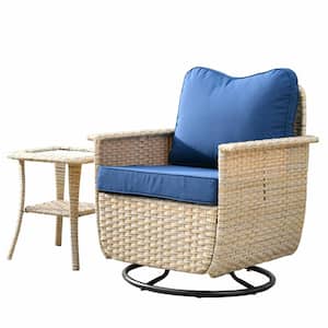 Athena Biege 2-Piece Wicker Outdoor Patio Conversation Set with Navy Blue Cushions and Swivel Chairs