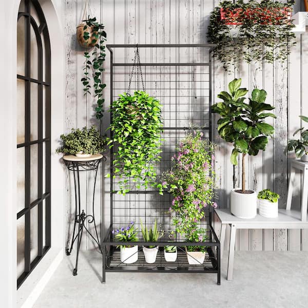 Outsunny Tall Steel Plant Stand with Trellis and Hanging Bar, Kits