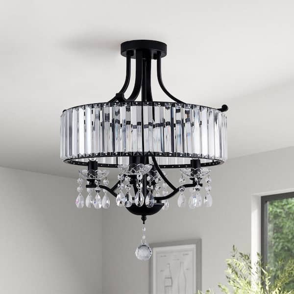 Jackson 16.5 in. 4-Light Classic Glam Black Flush Mount with Crystal Pendant Accent