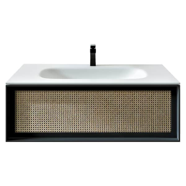 Nets 32 in. Single Sink Floating Natural Oak/Black Bath Vanity with White Solid Surface Top (Assembled)
