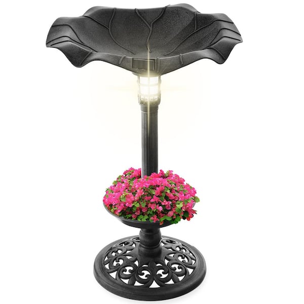 Black Solar Lighted Pedestal Birdbath w/Planter, Integrated Panel