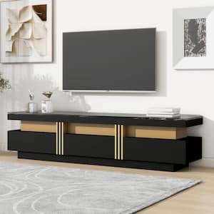 68.8 in. Black TV Stand Fits TVs up to 78 in. with High Gloss Faux Marble Top and 3-Drawers