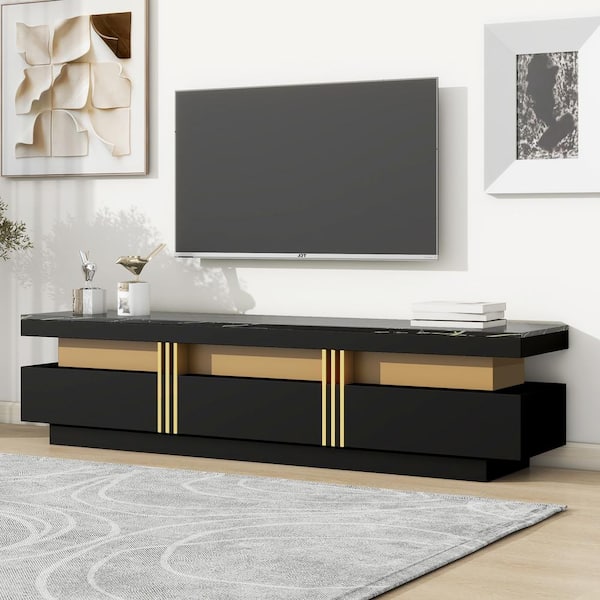Nestfair 68.8 in. Black TV Stand Fits TVs up to 78 in. with High Gloss Faux Marble Top and 3-Drawers