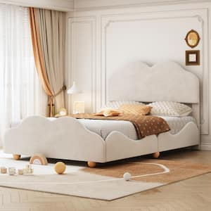 Beige Wood Frame Full Size Soft Velvet Upholstered Platform Bed with Lovely Cloud Shaped Headboard
