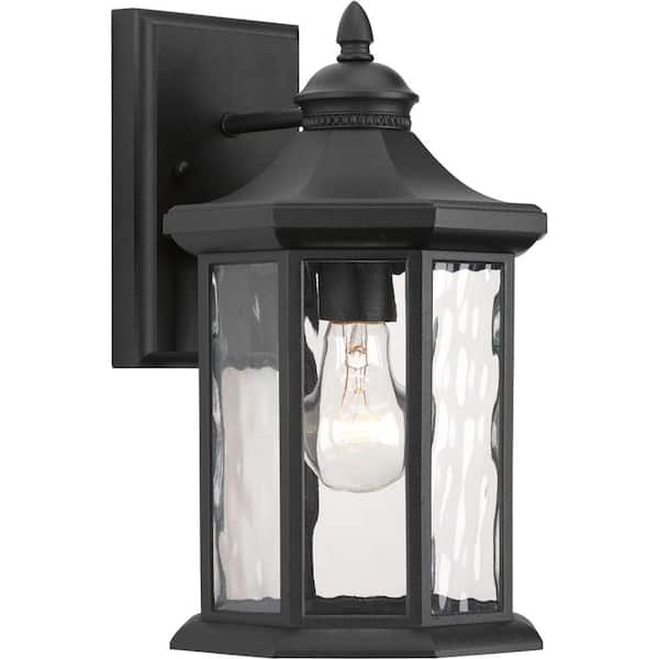 Progress Lighting Edition Collection 1-Light Textured Black Clear Water Glass Traditional Outdoor Medium Wall Lantern Light