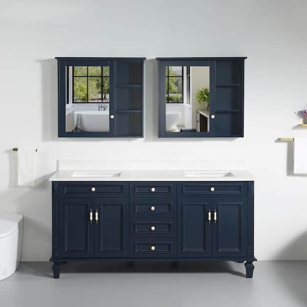 72 in. W x 22 in. D x 35 in. H Double Sink Solid Wood Bath Vanity in Navy Bule with White Quartz Top, 2 Mirror Cabinet