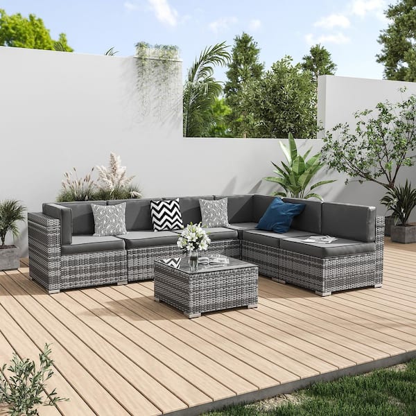 7 Seat 6-Piece Wicker Outdoor Patio Conversation Sectional Deep Seating Sofa Set with Gray Cushions, Coffee Table