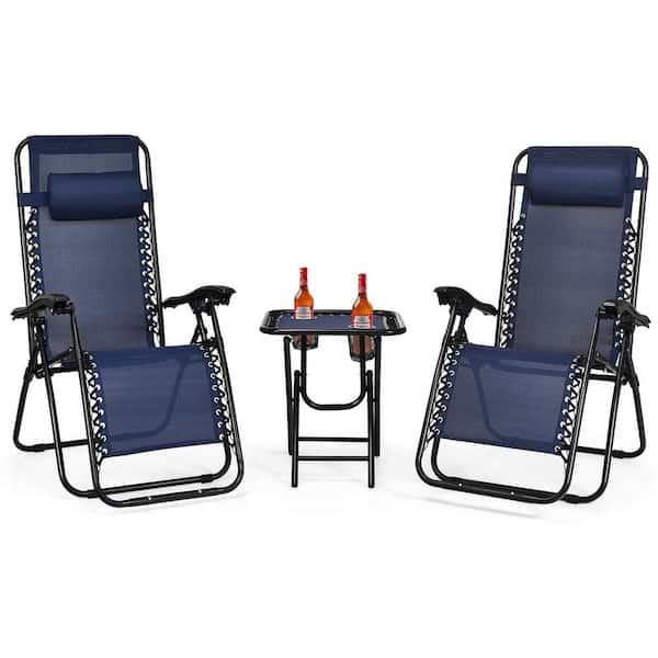 Unbranded Outdoor 3-Pieces Folding Portable 0 Gravity Reclining Lounge Chairs with Table in Navy