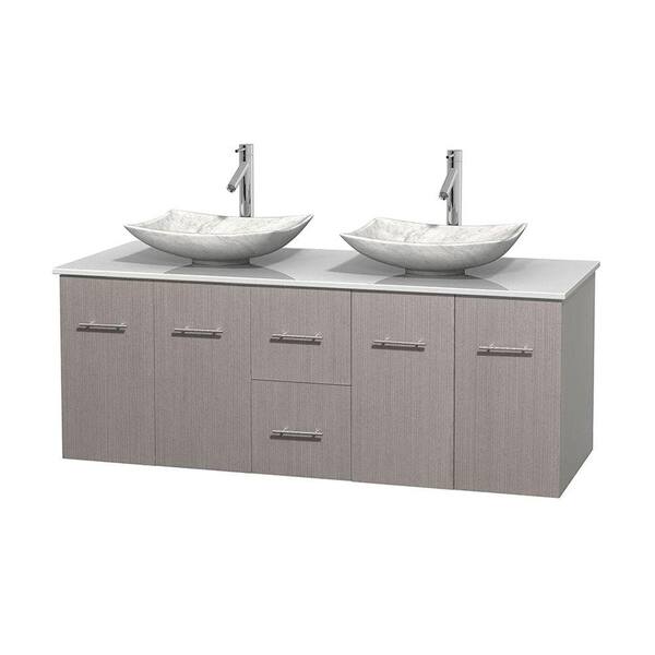 Wyndham Collection Centra 60 in. Double Vanity in Gray Oak with Solid-Surface Vanity Top in White and Sinks