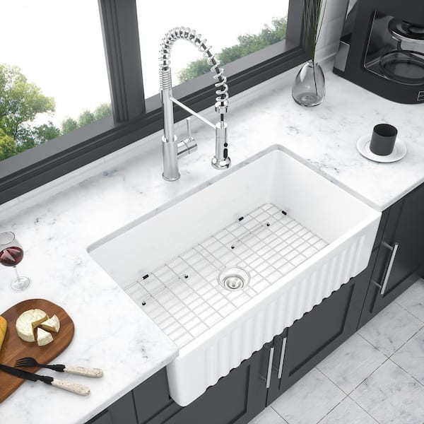 30 in. Farmhouse Single Bowl White Ceramic Kitchen Sink with Bottom Grids