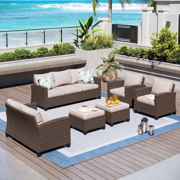 PHI VILLA Brown Rattan Wicker 9 Seat 6-Piece Steel Outdoor