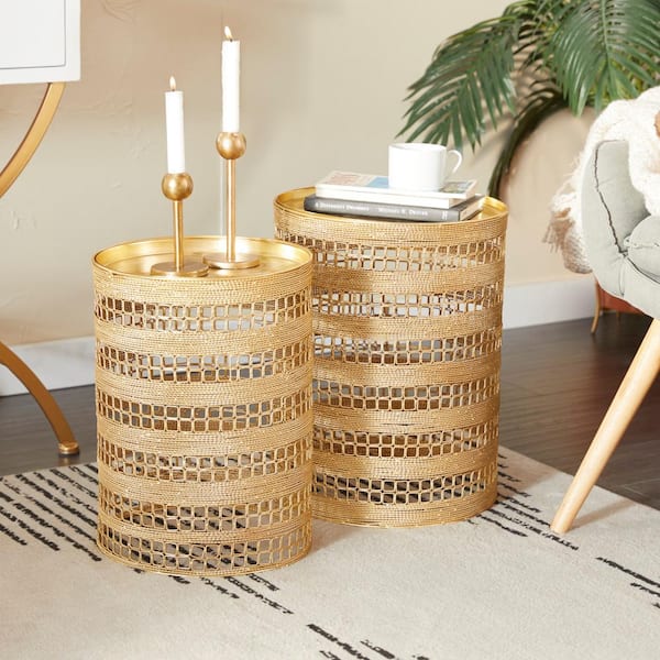 Litton Lane 14 in. Gold Medium Round Metal End Accent Table (2- Pieces)