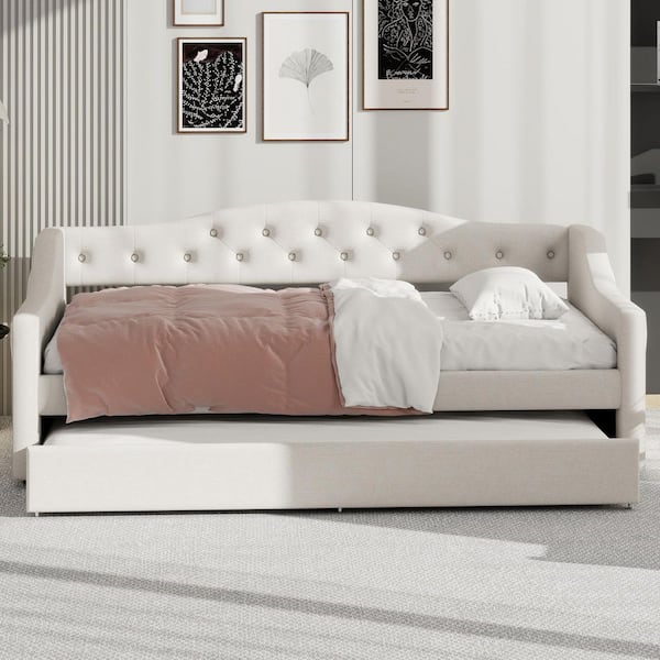 Beige Twin Size Daybed with LED Belt and Trundle