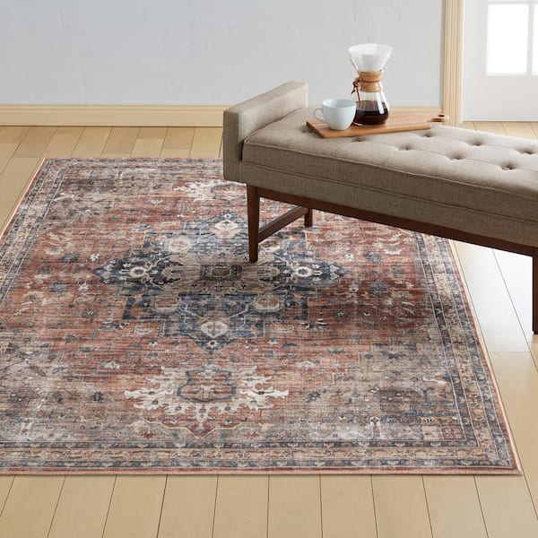 Callaghan Esther Rust/Navy Blue 5 ft. x 7 ft. Medallion Machine Washable Area Rug