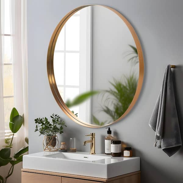 Lirago 35 in. W. x 35 in. H Deep Framed Metal Round Mirror in Gold