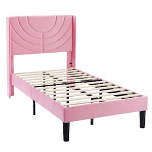 Upholstered Bed Pink Metal Frame Twin Platform Bed with Headboard Wood Slat Support