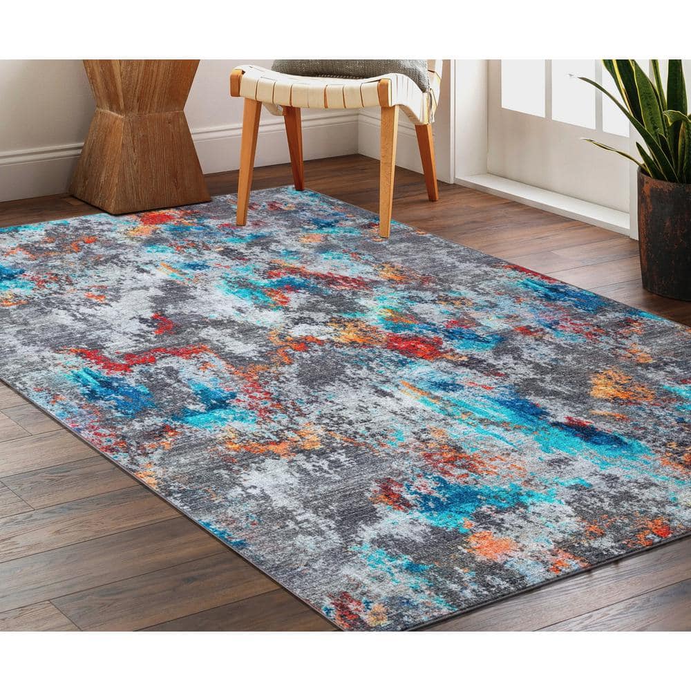 Ocean Breeze Blue and Gray Synthetic 5' x 7' Washable Area Rug
