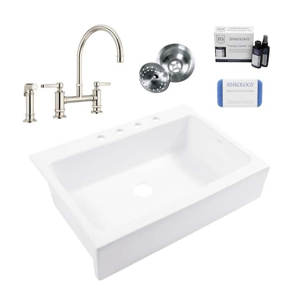 SINKOLOGY Josephine 34 in. 4-Hole Quick-Fit Farmhouse Apron Drop-in Single Bowl White Fireclay Kitchen Sink with Nickel Faucet Kit