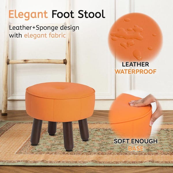 Orange Faux Leather Upholstered Round Small Pouf Ottoman Footstool