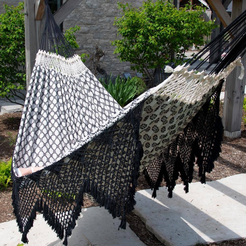 Luxo Black and White Brazilian Cotton Double Hammock with Fringe