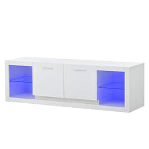 Modern White TV Stand Fits TVs up to 70 in. with LED Color Changing Lights TV Cabinet with 2-Tempered Glass Shelves