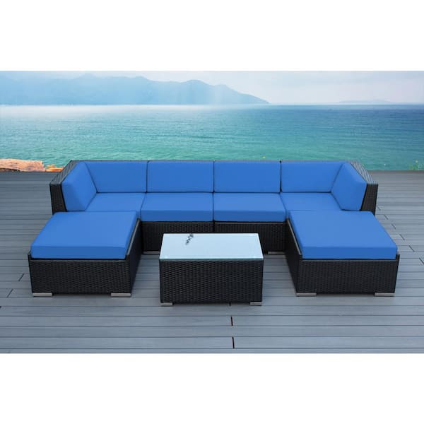 Ohana Depot Black 7-Piece Wicker Patio Seating Set with Supercrylic Blue Cushions