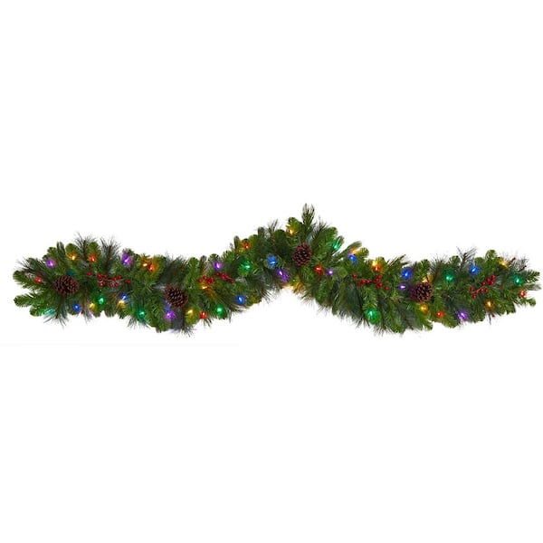 Nearly Natural 6 ft. Pre-lit LED Colorado Fir Artificial Christmas Garland with 50 Multicolored LED Lights, Berries and Pinecones