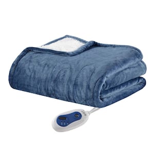 Heated Plush to Berber Sapphire Blue Polyester Electric Throw Blanket