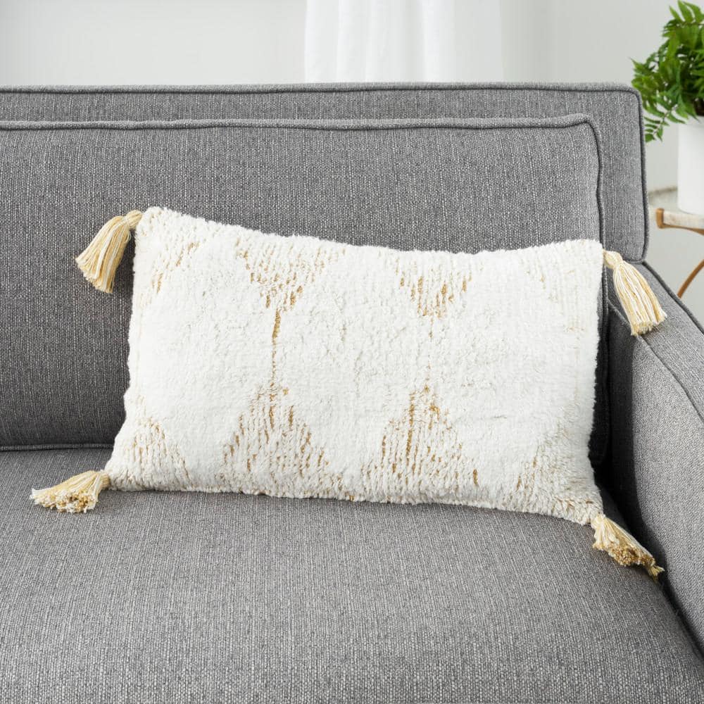 Yellow and White Cotton Lumbar Throw Pillow with Tassels