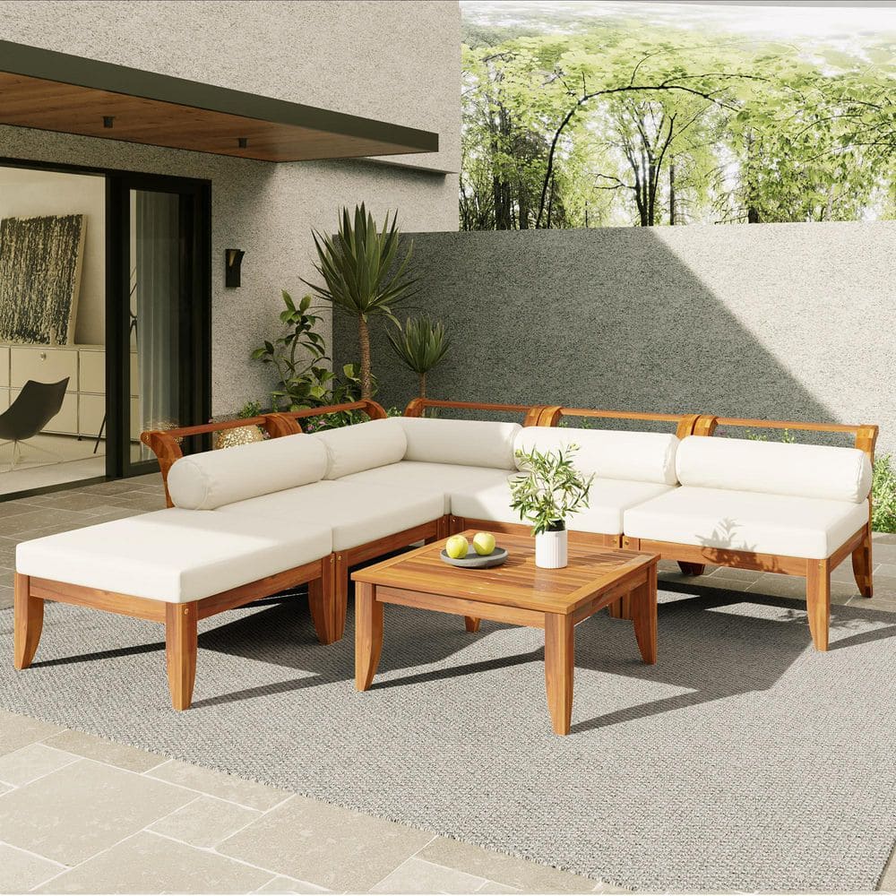 Wood Outdoor Sectional with Beige Cushions and Tea Table, Ottoman, 5 Cushions and Pillows price history on PriceWatchPro