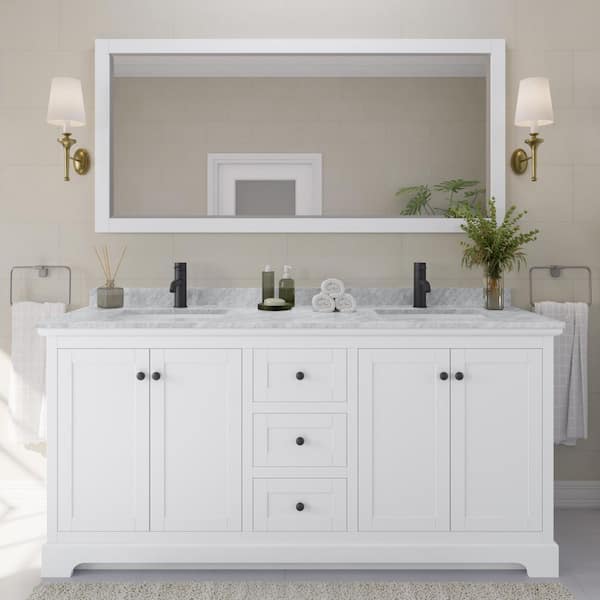 Wyndham Collection Avery 72 in. W x 22 in. D x 35 in. H Double Bath Vanity in White with White Carrara Marble Top