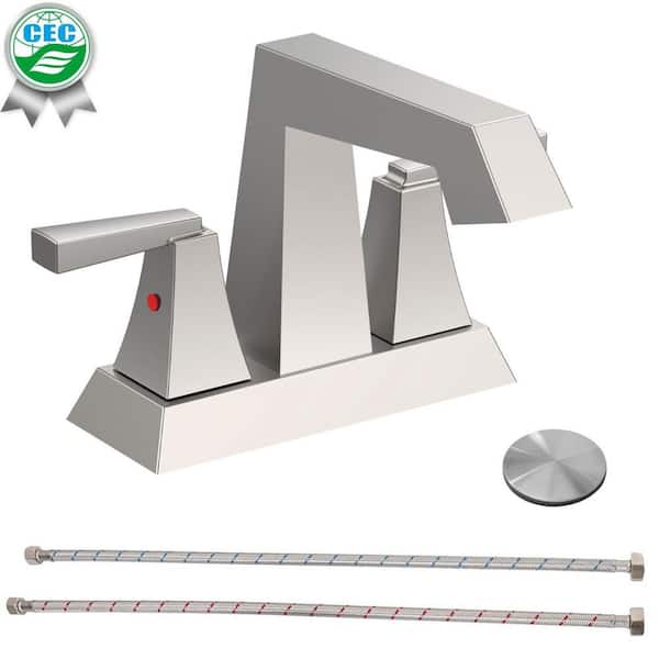 4 in. Centerset Double Handle Bathroom Sink Faucet with Pop-up Drain and Supply Lines in Brushed Nickel