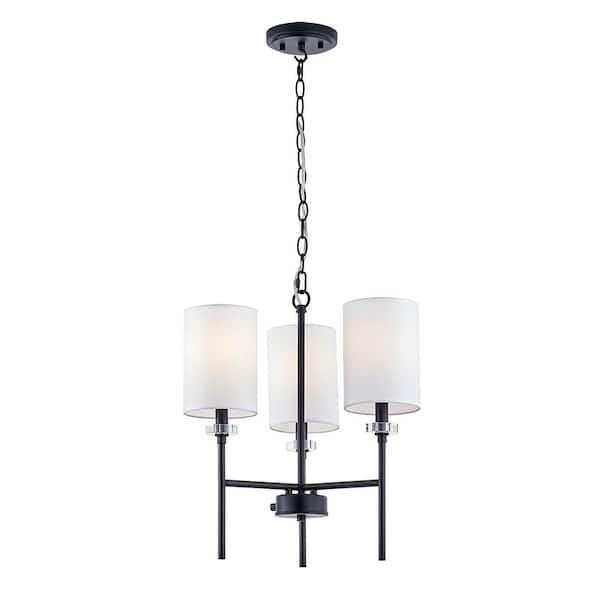 3 Light Matte Black Finish Chandelier With White Fabric Shades