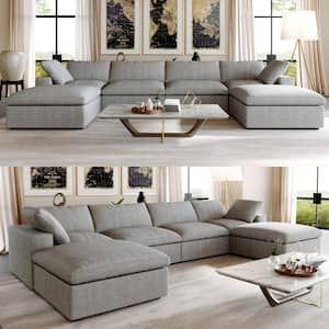 157 in. Square Arm 6-Piece Linen U-shaped Sectional Sofa Cloud Couch in Gray with Storage Ottomans