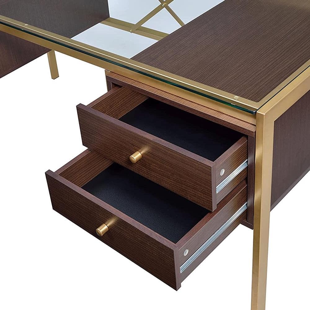 Gold and Espresso Glass Executive Desk with Drawers