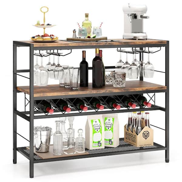 Loft 7-Bottle Rustic Brown Wood Metal Wine Bar Table
