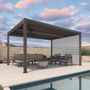 12 ft. x 14 ft. Bronze Aluminum Frame Louvered Pergola with Individual Adjustable Roofs and 1-Short Side Roller Shades